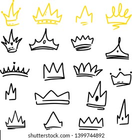 Various doodle crowns. Hand drawn vector set. Collection of crowns on white. All elements are isolated 