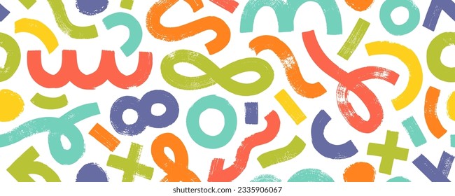 Diversas formas de grunge de garabatos son un patrón sin fisuras. Cepillarse líneas onduladas, formas, arcos, gafas y olas, pinceladas y objetos de doodle. Patrón vectorial de moda abstracto multicolor.