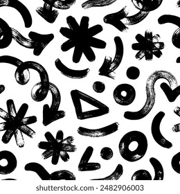 Various doodle grunge shapes seamless pattern. Bold spiral arrows, asterisks, circle and dots. Hand drawn thick brush stroke, doodle geometric shapes. Abstract scribbles and squiggles.