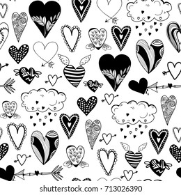 Various doodle hearts. Graphic vector seamless pattern