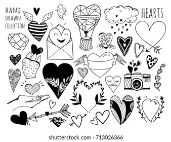 Various doodle hearts and other cute objects. Graphic vector set. All elements are isolated