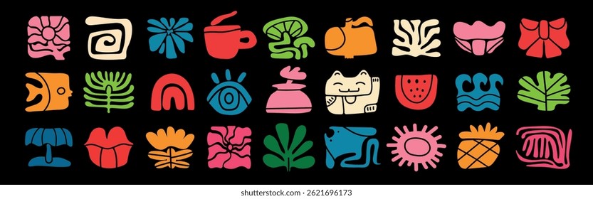 Various Doodle icons. Playful hand drawn doodle set with retro groovy summer elements in Matisse-inspired style. Includes floral motifs, leaf shapes, fish, fruits, rainbow, sea, and sun. Vector 