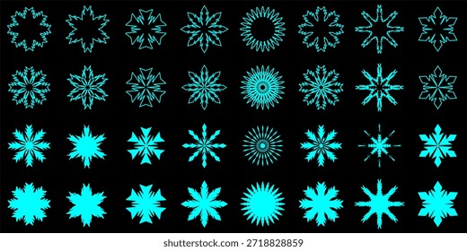 various doodle of imaginary blue snowflakes isolated on black background, vector