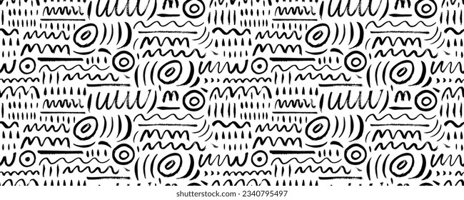 Various doodle lines seamless pattern. Childish style creative art background. Squiggles, circles, dots and daubs. Simple childish scribble wallpaper texture. Expressive abstract vector background.