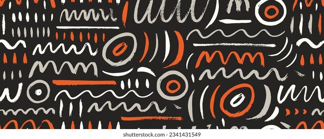 Various doodle lines seamless pattern in black, orange and white colors. Childish style creative art background. Squiggles, circles, dots and daubs. Simple childish scribble wallpaper texture.