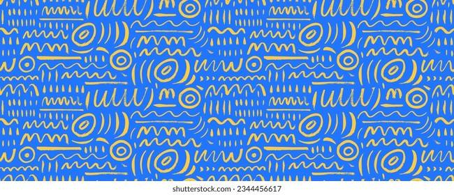 Various doodle lines seamless pattern in blue and yellow colors. Childish style creative art background. Squiggles, circles, dots and daubs. Simple childish scribble wallpaper texture.