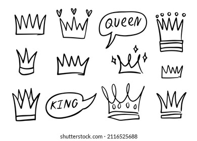Various doodle outline crowns illustration set . Vector illustration
