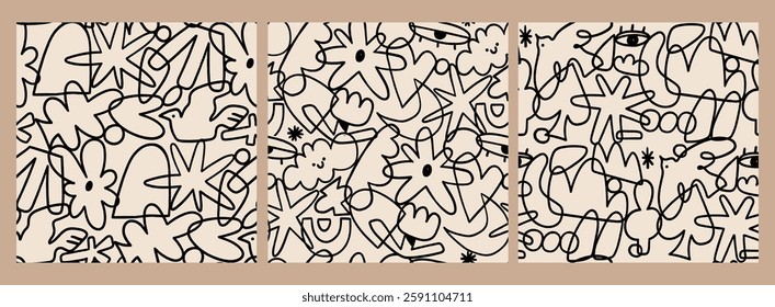 Various doodle outline shapes, objects, curves, lines. Abstract contemporary, unique, trendy style. Hand drawn modern Vector illustration. Set of three square seamless Patterns, background, wallpaper