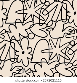 Various doodle outline shapes, objects, curves, lines. Abstract contemporary, unique, trendy style. Hand drawn modern Vector illustration. Square seamless Pattern, background, wallpaper