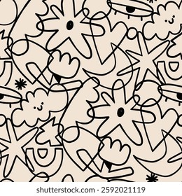 Various doodle outline shapes, objects, curves, lines. Abstract contemporary, unique, trendy style. Hand drawn modern Vector illustration. Square seamless Pattern, background, wallpaper