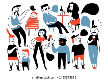 Various doodle people doing stuff. Different cute funny characters in conversation. Kids, adults. Hand drawn vector set. Colored trendy illustration. Flat design. Cartoon style. Everything is isolated