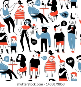 Various doodle people doing stuff. Different cute funny characters in conversation. Hand drawn vector seamless pattern. Colored trendy illustration. Flat design. Cartoon style