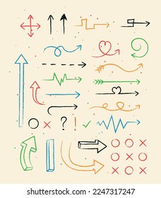 Varias flechas de dibujo de Doodle están puestas. Interfaz para sitio web. Dibujos para niños, creatividad minimalista y arte. Tic Tac Toe y corazones. Ilustraciones del vector plano de dibujos animados aisladas en fondo beige