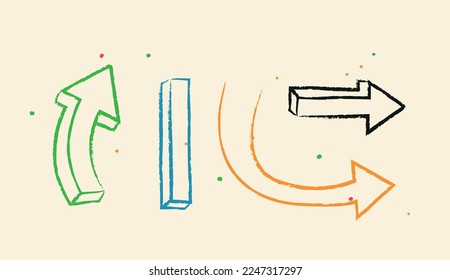 Various Doodle Sketch arrows set. Website interface, UI and UX design. Navigation, right and left. Poster or banner for website. Cartoon flat vector illustrations isolated on beige background