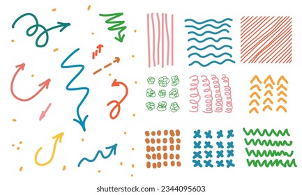 Various Doodle Sketch Arrows, Shape Direction Pointers and Objects. Colored lines, curves, dots, spirals are drawn by hand. Brush stroke style. Hand drawn abstract texture set.