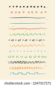 Se han establecido varias líneas de esbozo de Doodle. Colección de elementos gráficos para el sitio web. Dibujos para niños con lápices de colores. líneas curvas. Ilustraciones del vector plano de dibujos animados aisladas en fondo beige