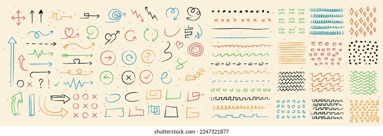 Varios bocetos Doodle. Colección de elementos gráficos para el sitio web. Flechas multicolores, corazones y líneas curvas. Cruces y puntos. Ilustraciones del vector plano de dibujos animados aisladas en fondo beige