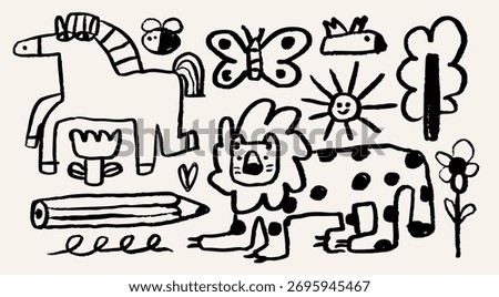 Various doodles, animals, tree, flowers, pencil. Outline playful childish style. Horse, butterfly, bird, elephant, cat, bee. Hand drawn trendy Vector illustration. Isolated design elements