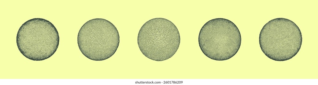 Various Dot Work Textured Circles Vector Design Elements Abstract Background. Different Black Round Shapes with Dotted Patterns Isolated on Yellow Backdrop. Conceptual Hand Drawn Art Illustration