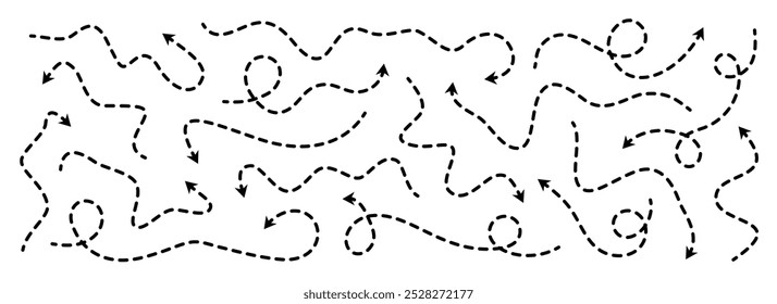 Verschiedene gepunktete dünne Pfeile gesetzt. Gewellte und gekrümmte gestrichelte Zeigersammlung. Skizzenhafte Richtungslinien quetschen. Dots squiggle Loop Stripe Design Elemente Paket für Flyer, Poster, Broschüre. Vektorgrafik