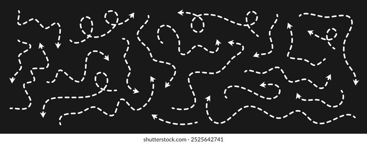 Várias setas finas pontilhadas definidas. Coleção de ponteiros ondulados e tracejados curvos. Linhas de direção de esboço ondulado. Os pontos sinuam o conjunto de elementos de design da faixa de loop para folheto, cartaz, brochura. Vetor