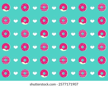 Various doughnut and heart pattern background.