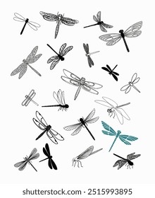 Various dragonfly illustrations showcase intricate wing patterns and diverse styles, some colored and others in monochrome, on a plain background.