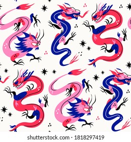 Various Dragons. Mythological creatures. Zodiac sign. Chinese asian cartoon style. Hand drawn colored Vector illustration. Seamless Pattern. Background, wallpaper. Textile Print template