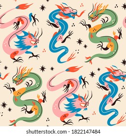 Various Dragons. Mythological creatures. Zodiac sign. Chinese asian cartoon style. Hand drawn colored Vector illustration. Seamless Pattern. Background, wallpaper. Textile Print template