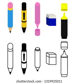 Various drawing stationery  vector illustration color and outline