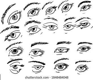 Various drawings of human eyes. Human eyes.