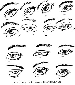 Various drawings of human eyes. Human eyes.