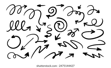 Various drawn curved arrows of different shapes isolated on white background. Vector design elements