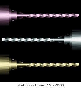 various drill bits on black background