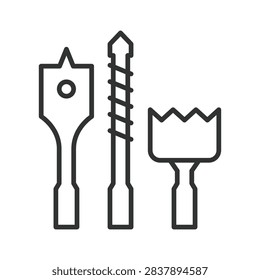 Various drill bits for woodworking and construction icon in line design. Drill bits, drilling, tools, construction, woodworking, hardware, equipment on white background vector. Drill bits editable str