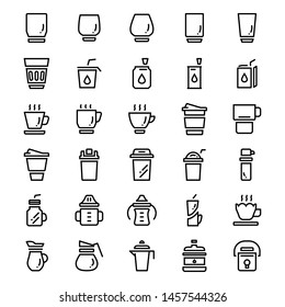 Various drink glass line icons, Pixel perfect glasses thin line icons, Set of simple liquid containers line icons, Cartoon line icons set, Vector illustration 