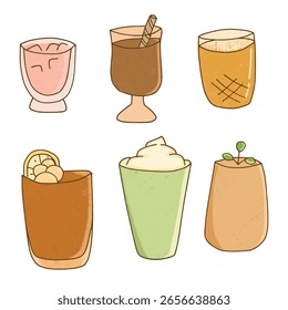 Various drink menu cafe. Sweet coffee and sweet tea with outline. 