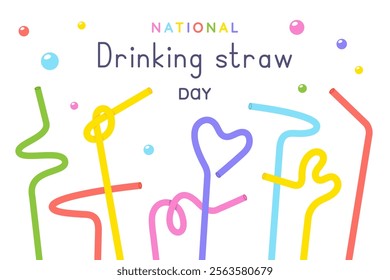 Various drinking straws of different shapes. National drinking straw day. Colour plastic drinking straws with bubbles of soda. Festive horizontal banner. Cartoon elements Vector 