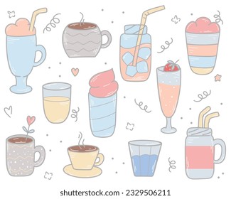 Various drinks hand drawn set. Cocktail, smoothie, lemonade, tea, coffee, soda, beverage, water doodle illustration. Refreshing and warming drinks, isolated vector