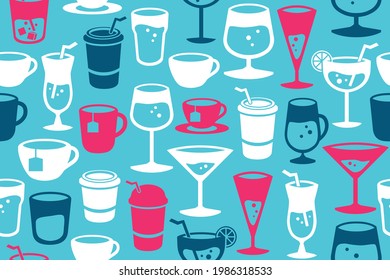 Various DRINKS seamless pattern. Repetitive vector illustration of various drinks silhouettes. Bar pub design deco. Coffee, tea and various alcohol drinks. Cafe, kitchen textile wallpaper. EPS10.