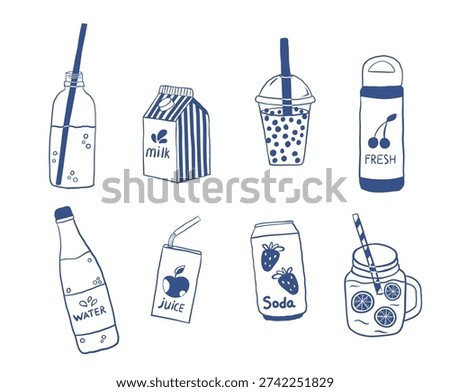Various drinks set. A collection of water, milk, matcha lattes, juices, and other beverages in plastic cups plastic cups and bottles, paper mugs, Tetra Pak containers, and glasses..Minimal line style