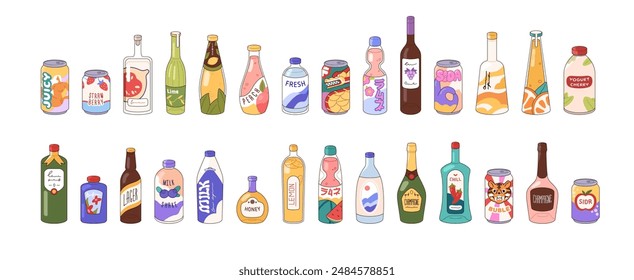 Various drinks set. Different alcohol beverages and refreshments in glass, plastic bottles, tin cans. Soda, beer, champagne, wine, water, juice. Flat isolated vector illustrations on white background