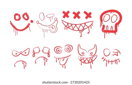 Varias caras de dibujos animados rojos goteando, cráneos y expresiones diabólicas.