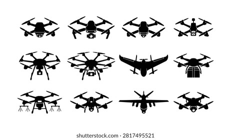 Various drone designs including quadcopters hexacopters octocopters and aircraft silhouettes