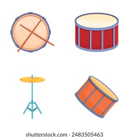 Verschiedene Drum-Icons setzen Cartoon-Vektorgrafik. Trommel unterschiedlichen Stils und unterschiedlicher Farbe. Perkussions-Musikinstrument