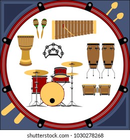 Various drum and percussion musical instruments set vector illustration