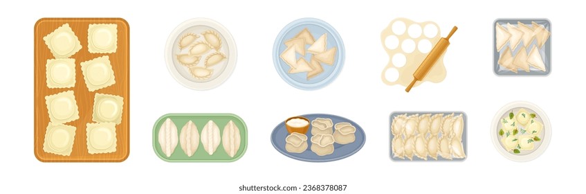 Various Dumplings of Cooked Dough with Filling Vector Set