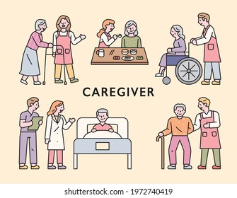 Various duties of the elderly and nurses in nursing homes. flat design style minimal vector illustration.