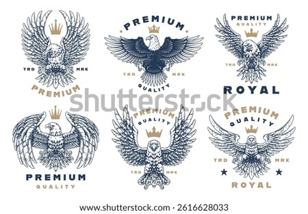 Various eagle designs feature intricate details and royal elements. Each showcases a regal eagle with a crown emphasizing premium quality in the graphics.