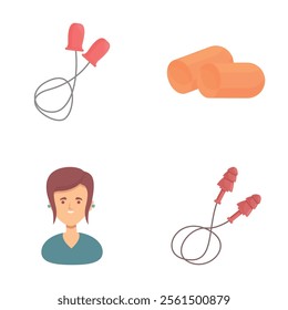 Various earplug icons set cartoon vector. Woman with protective ear muffs. Professional equipment